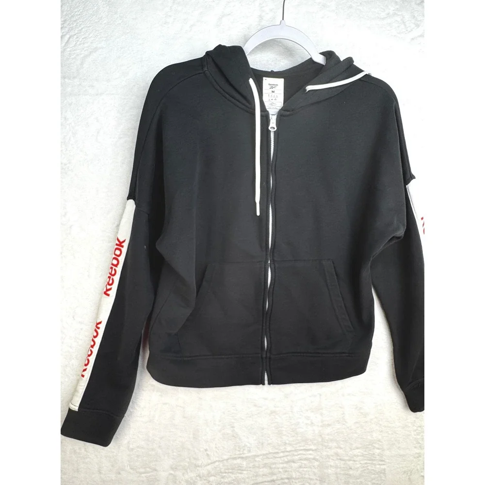 Reebok Womens Full Zip Hoodie Black Logo Side Stripe Drop Shoulder Medium M - Picture 3 of 7
